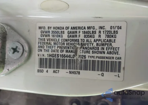 2004 Honda Civic Lx z USA, uszkodzony, nr VIN 1HGES16644L010926